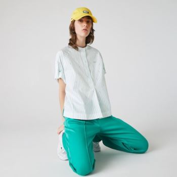 Lacoste Oversized Mao Collar Striped Cotton Poplin Blouse - Šortky Dámské Bílé / Zelene | CZ-Q95d46